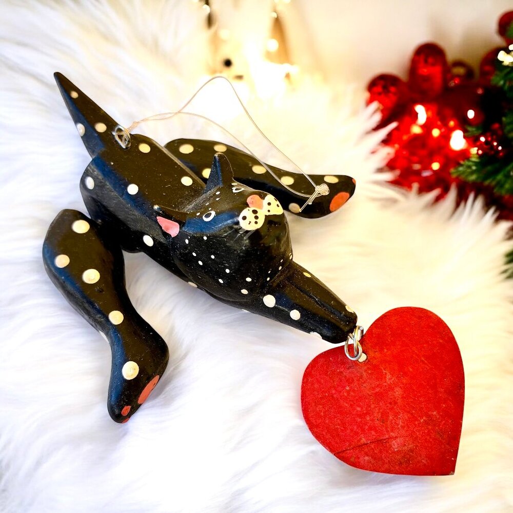Vintage Wood Black Cat Christmas Hanging Ornament Hand Painted RED HEART Moves